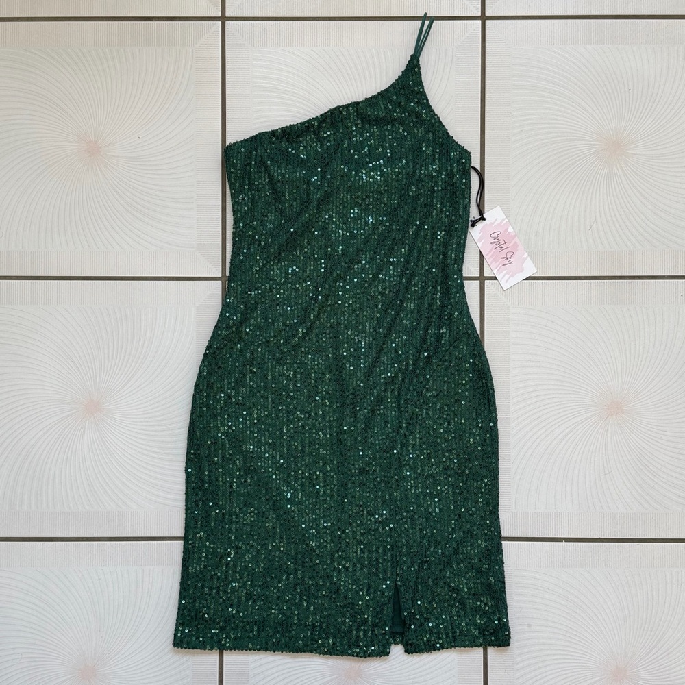 NWT Green Sequin One-Shoulder Dress